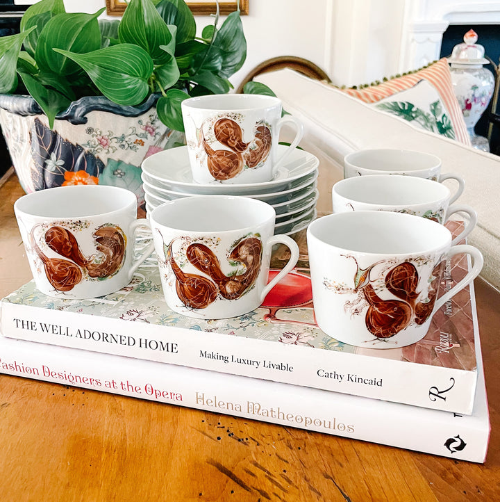 French Hand-Painted Snail Bistro Coffee Cups And Saucers