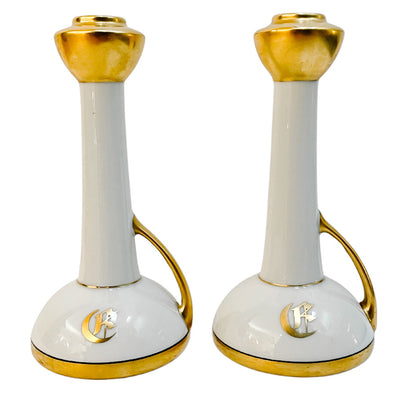Antique Limoges Monogrammed Handled Candlestick Holders