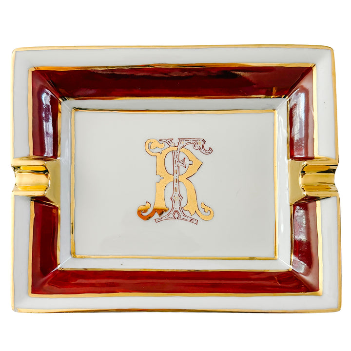 French Limoges Porcelain Ashtray, Hand-Painted Italian Monogram by Beatrice Menicossi, 1997