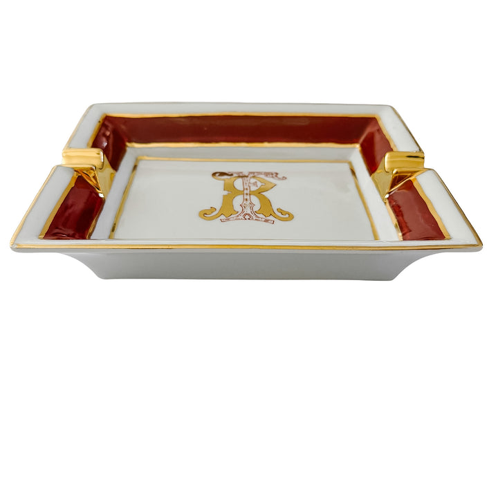 French Limoges Porcelain Ashtray, Hand-Painted Italian Monogram by Beatrice Menicossi, 1997