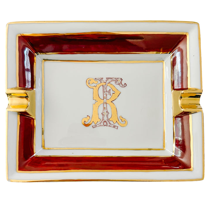 French Limoges Porcelain Ashtray, Hand-Painted Italian Monogram by Beatrice Menicossi, 1997