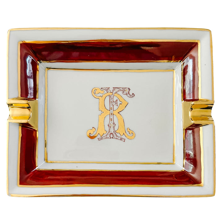 French Limoges Porcelain Ashtray, Hand-Painted Italian Monogram by Beatrice Menicossi, 1997