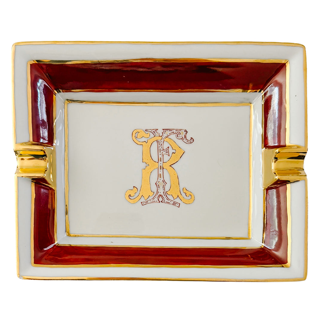 French Limoges Porcelain Ashtray, Hand-Painted Italian Monogram by Beatrice Menicossi, 1997