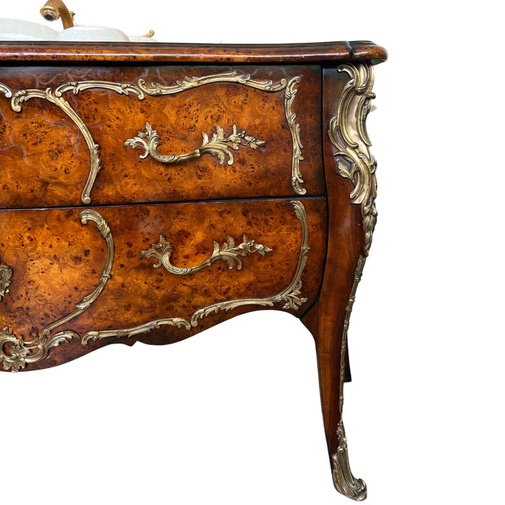 French Louis XV Burlwood and Ormolu Commode Vanity With Hand-Painted Drop-In Sink