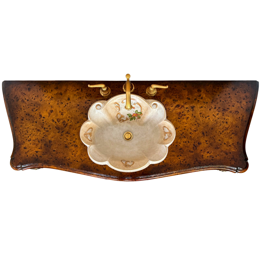 French Louis XV Burlwood and Ormolu Commode Vanity With Hand-Painted Drop-In Sink