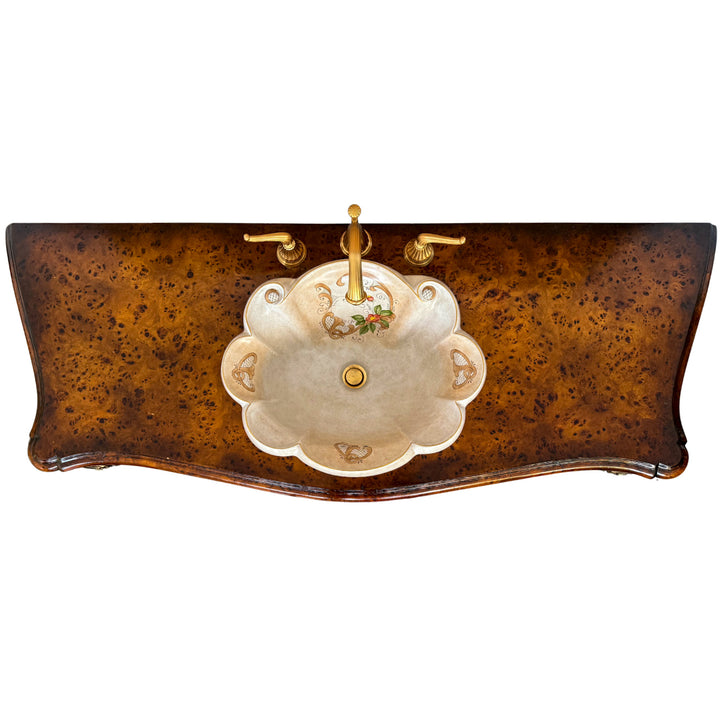 French Louis XV Burlwood and Ormolu Commode Vanity With Hand-Painted Drop-In Sink