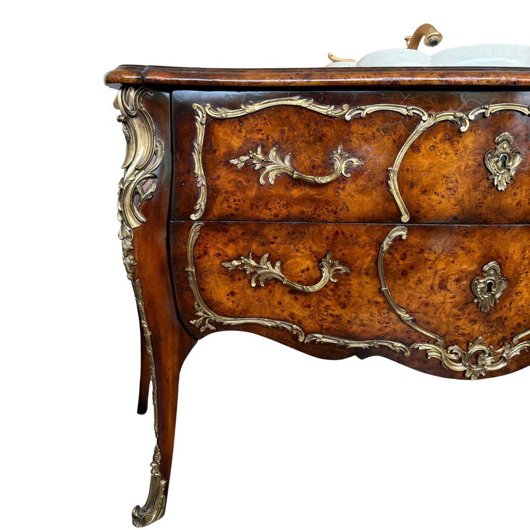 French Louis XV Burlwood and Ormolu Commode Vanity With Hand-Painted Drop-In Sink