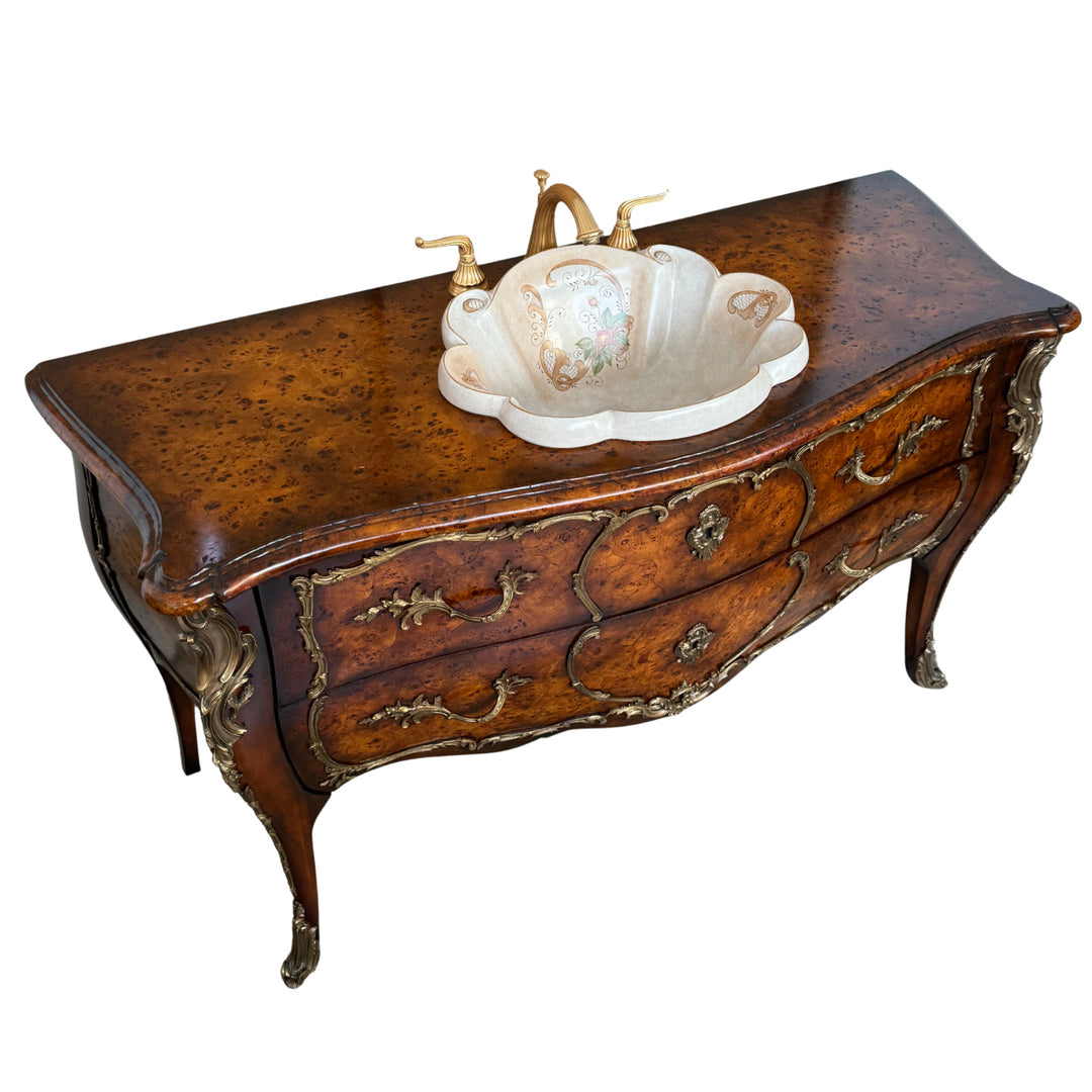 French Louis XV Burlwood and Ormolu Commode Vanity With Hand-Painted Drop-In Sink