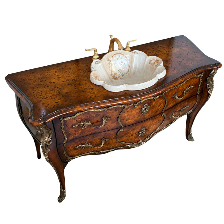 French Louis XV Burlwood and Ormolu Commode Vanity With Hand-Painted Drop-In Sink