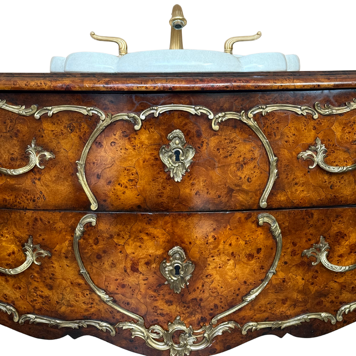 French Louis XV Burlwood and Ormolu Commode Vanity With Hand-Painted Drop-In Sink