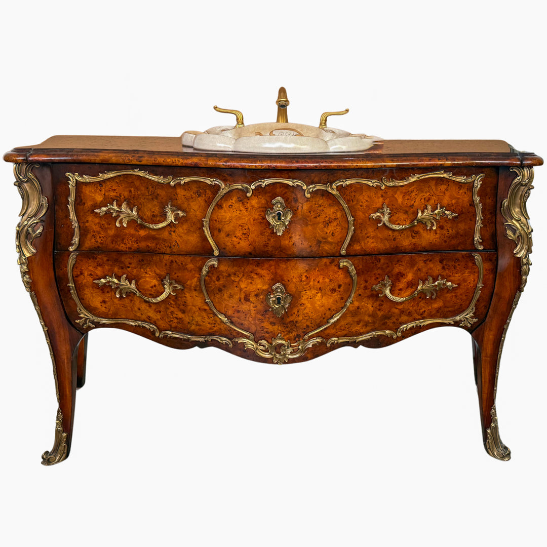 French Louis XV Burlwood and Ormolu Commode Vanity With Hand-Painted Drop-In Sink