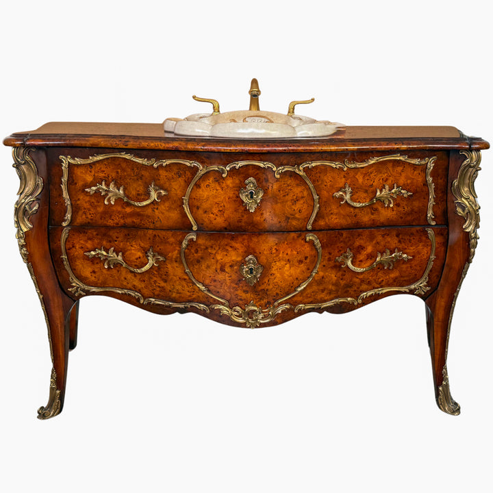 French Louis XV Burlwood and Ormolu Commode Vanity With Hand-Painted Drop-In Sink