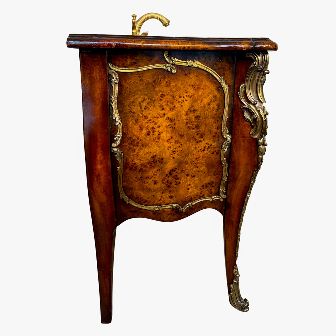 French Louis XV Burlwood and Ormolu Commode Vanity With Hand-Painted Drop-In Sink