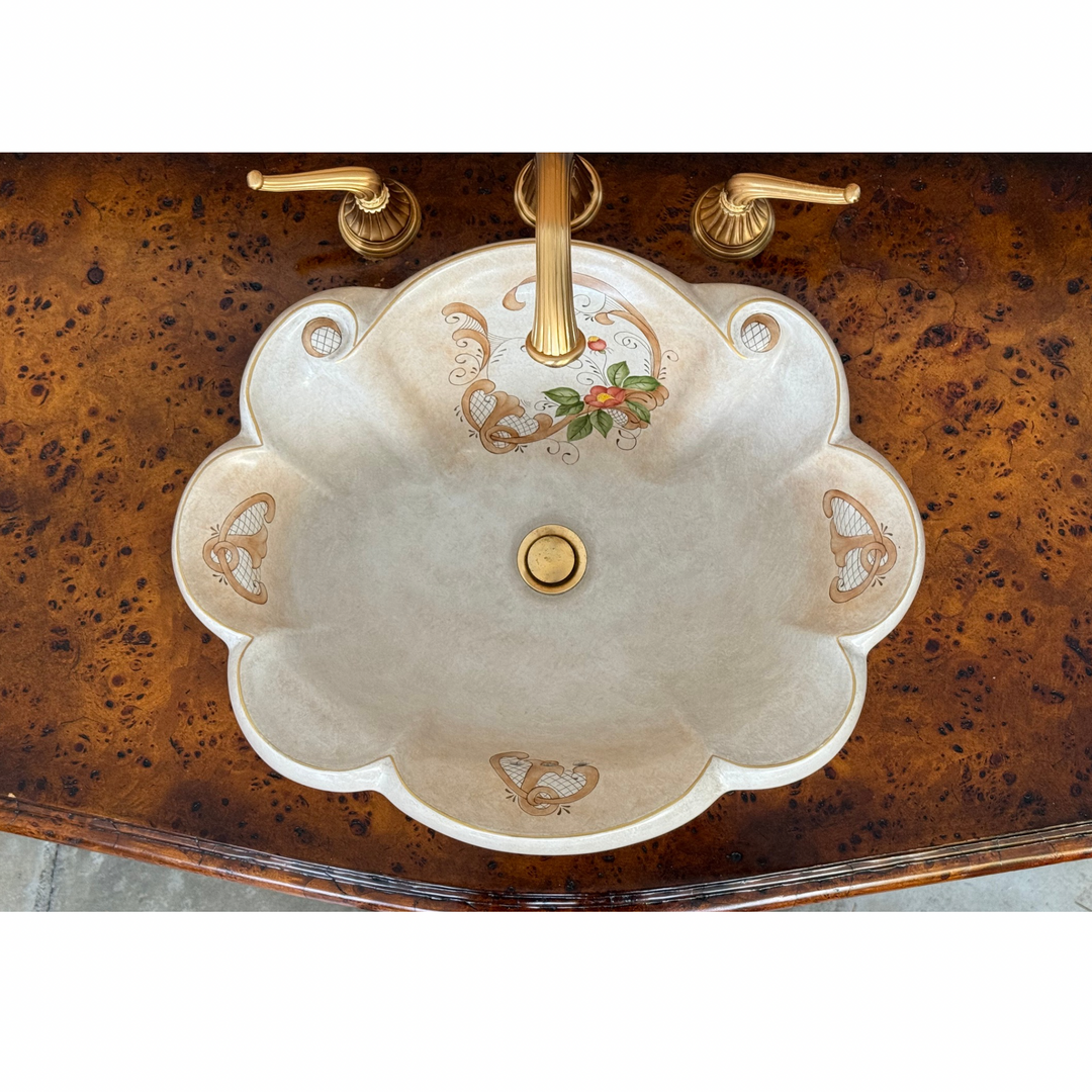 French Louis XV Burlwood and Ormolu Commode Vanity With Hand-Painted Drop-In Sink
