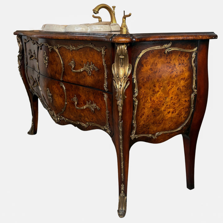 French Louis XV Burlwood and Ormolu Commode Vanity With Hand-Painted Drop-In Sink