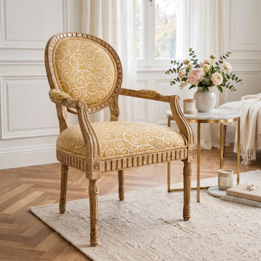 French Louis XVI Medallion Back Armchair With Crème-Peinte Distressed Finish
