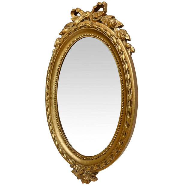 French Louis XVI Style Gold Oval Mirror With Bow Topper