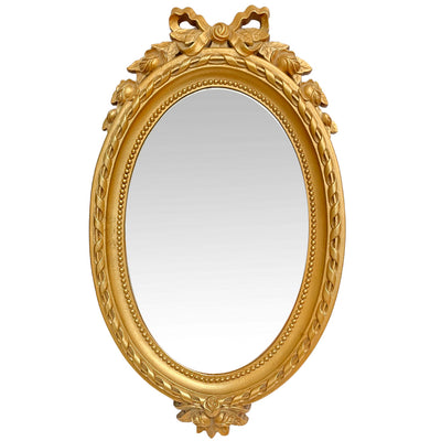 French Louis XVI Style Gold Oval Mirror With Bow Topper