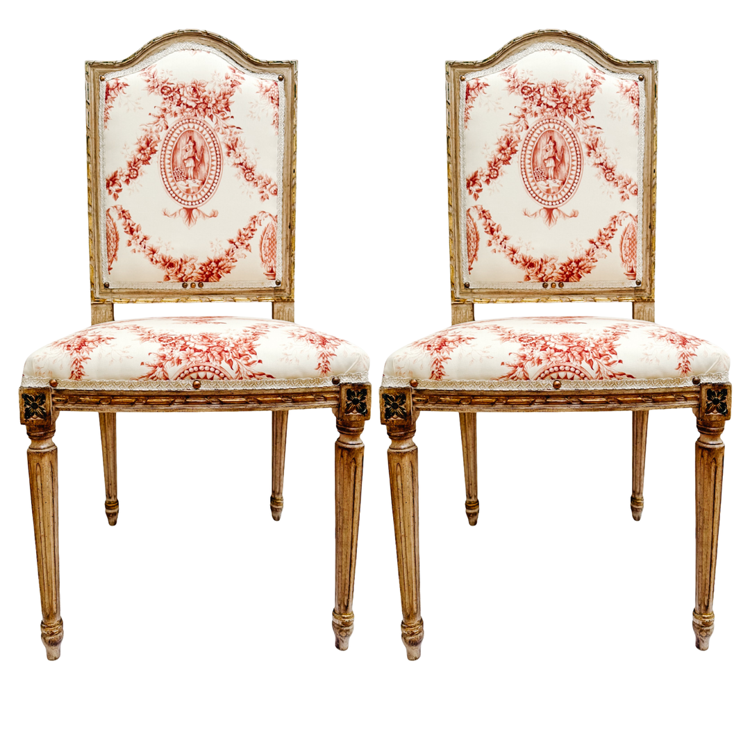 Vintage French Louis XVI Style Toile De Jouy Side Chairs by Fournier Paris