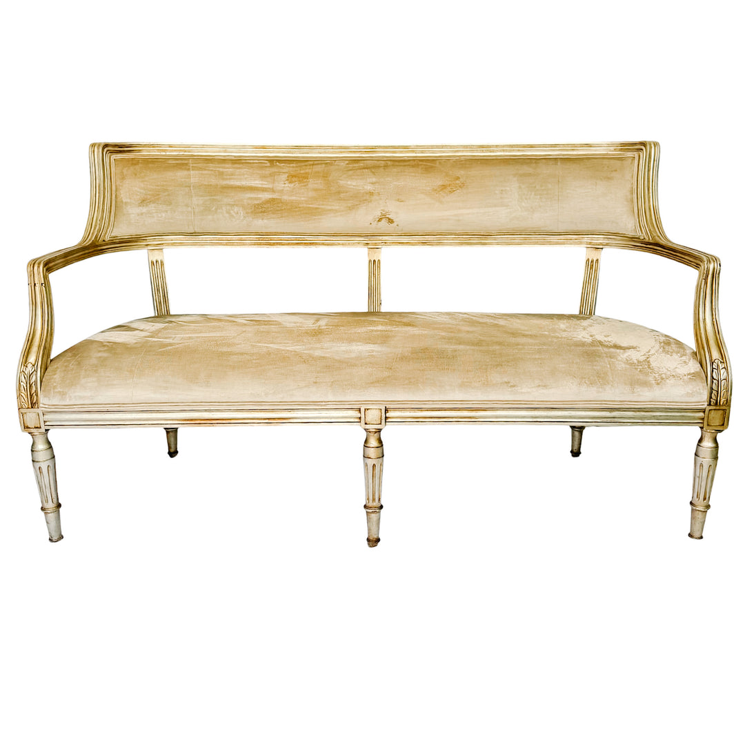 French Neoclassical Louis XVI Style Giltwood & Painted Settee With Champagne Velvet Upholstery