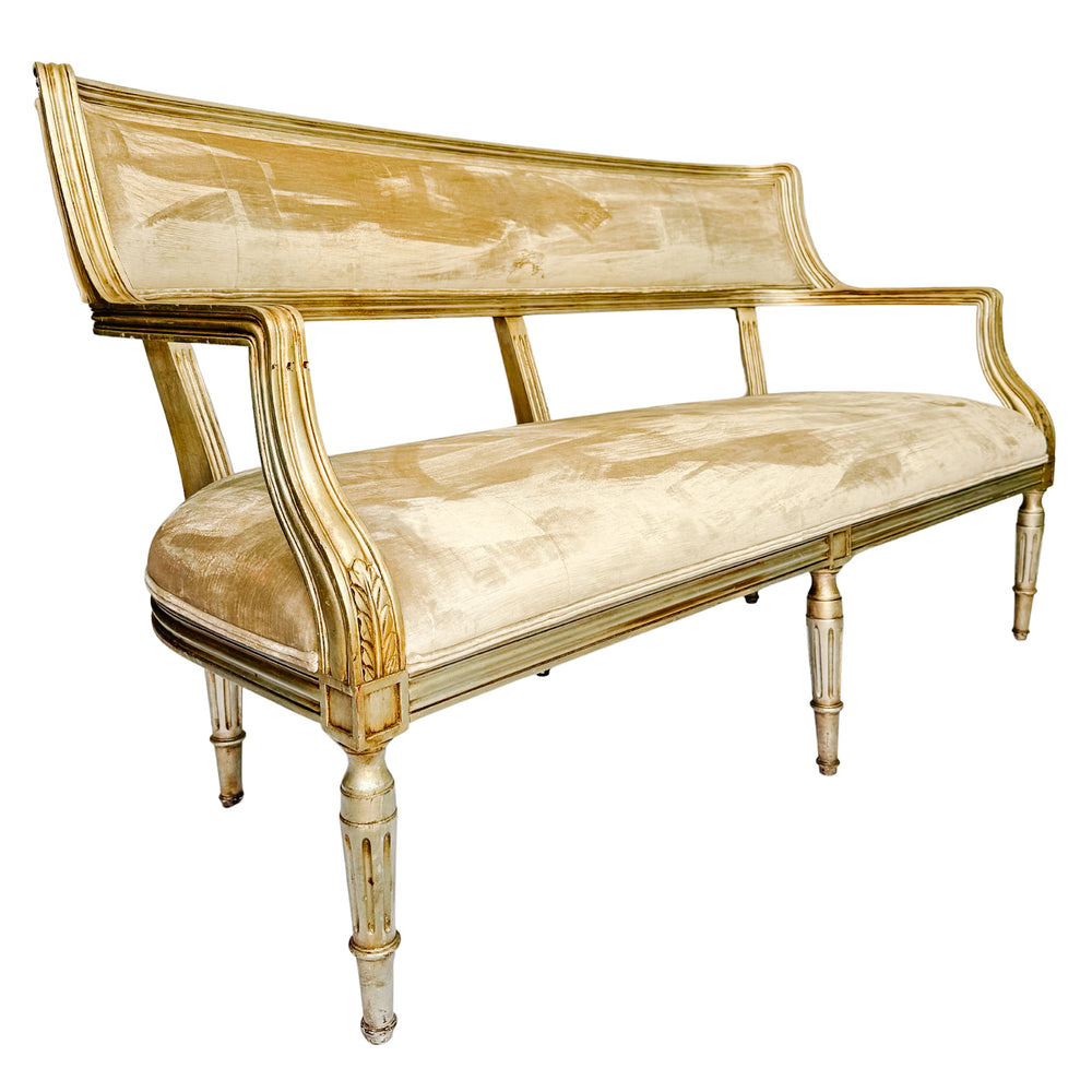 French Neoclassical Louis XVI Style Giltwood & Painted Settee With Champagne Velvet Upholstery