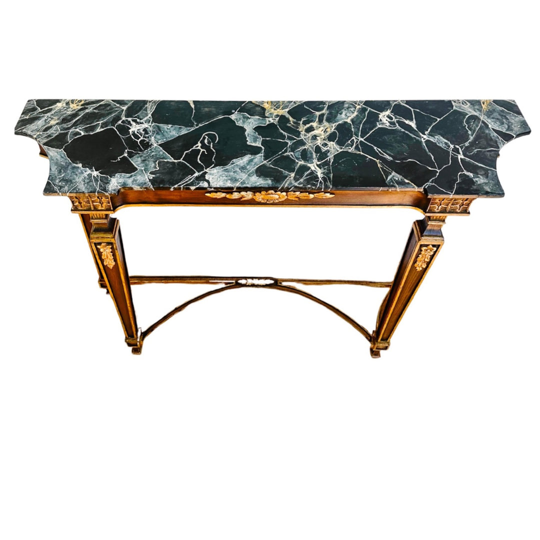 French Neoclassical Louis XVI Style Wood Console Table With Faux Marble Top