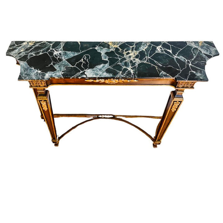 French Neoclassical Louis XVI Style Wood Console Table With Faux Marble Top