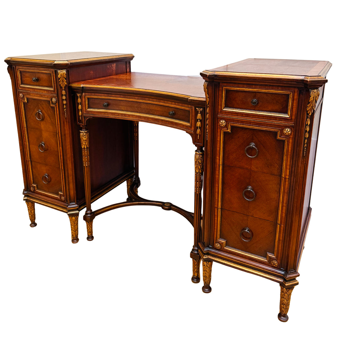 French Neoclassical Style Giltwood Vanity & Upholstered Lyre Back Chair Set