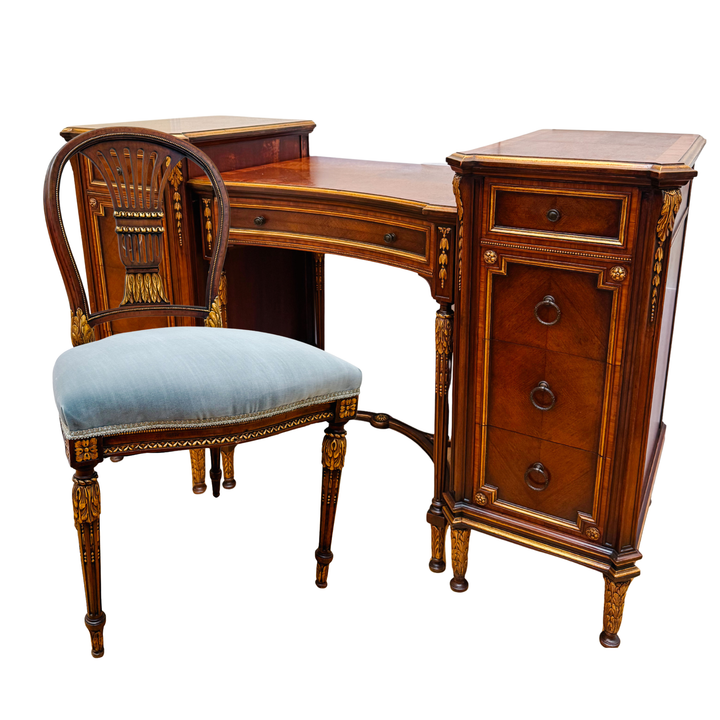 French Neoclassical Style Giltwood Vanity & Upholstered Lyre Back Chair Set