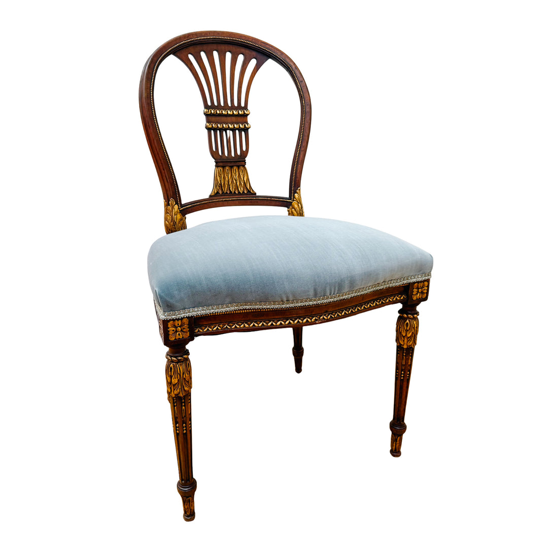 French Neoclassical Style Giltwood Vanity & Upholstered Lyre Back Chair Set