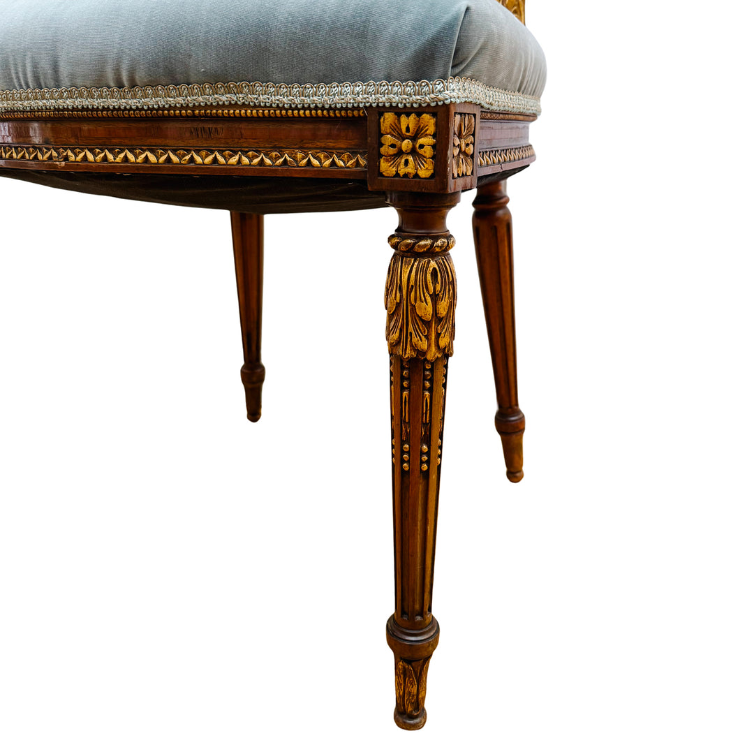 French Neoclassical Style Giltwood Vanity & Upholstered Lyre Back Chair Set