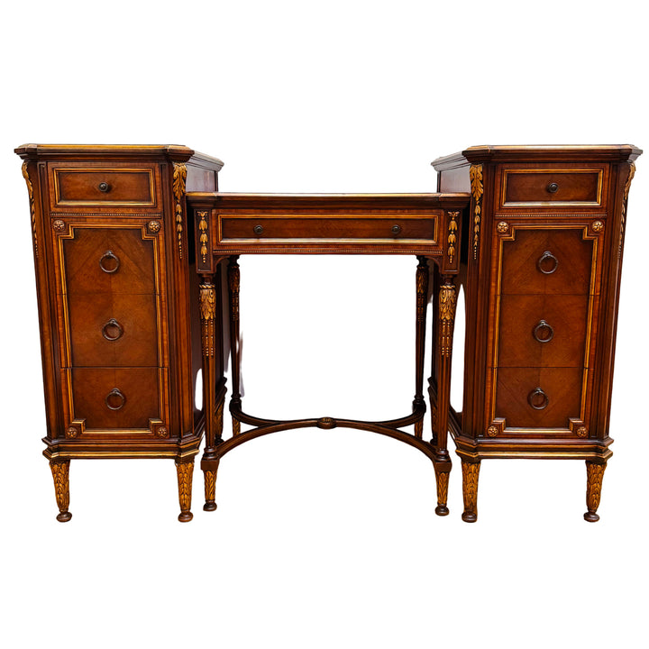 French Neoclassical Style Giltwood Vanity & Upholstered Lyre Back Chair Set