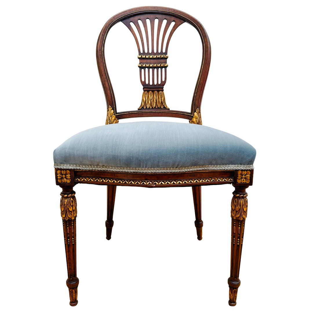 French Neoclassical Style Giltwood Vanity & Upholstered Lyre Back Chair Set