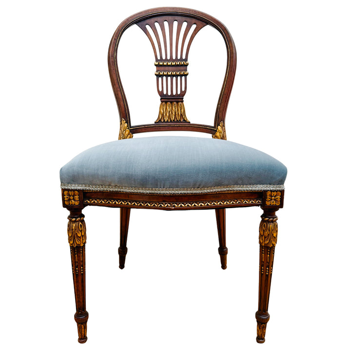 French Neoclassical Style Giltwood Vanity & Upholstered Lyre Back Chair Set