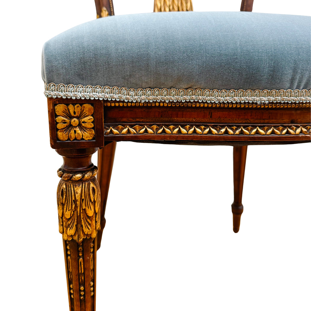 French Neoclassical Style Giltwood Vanity & Upholstered Lyre Back Chair Set