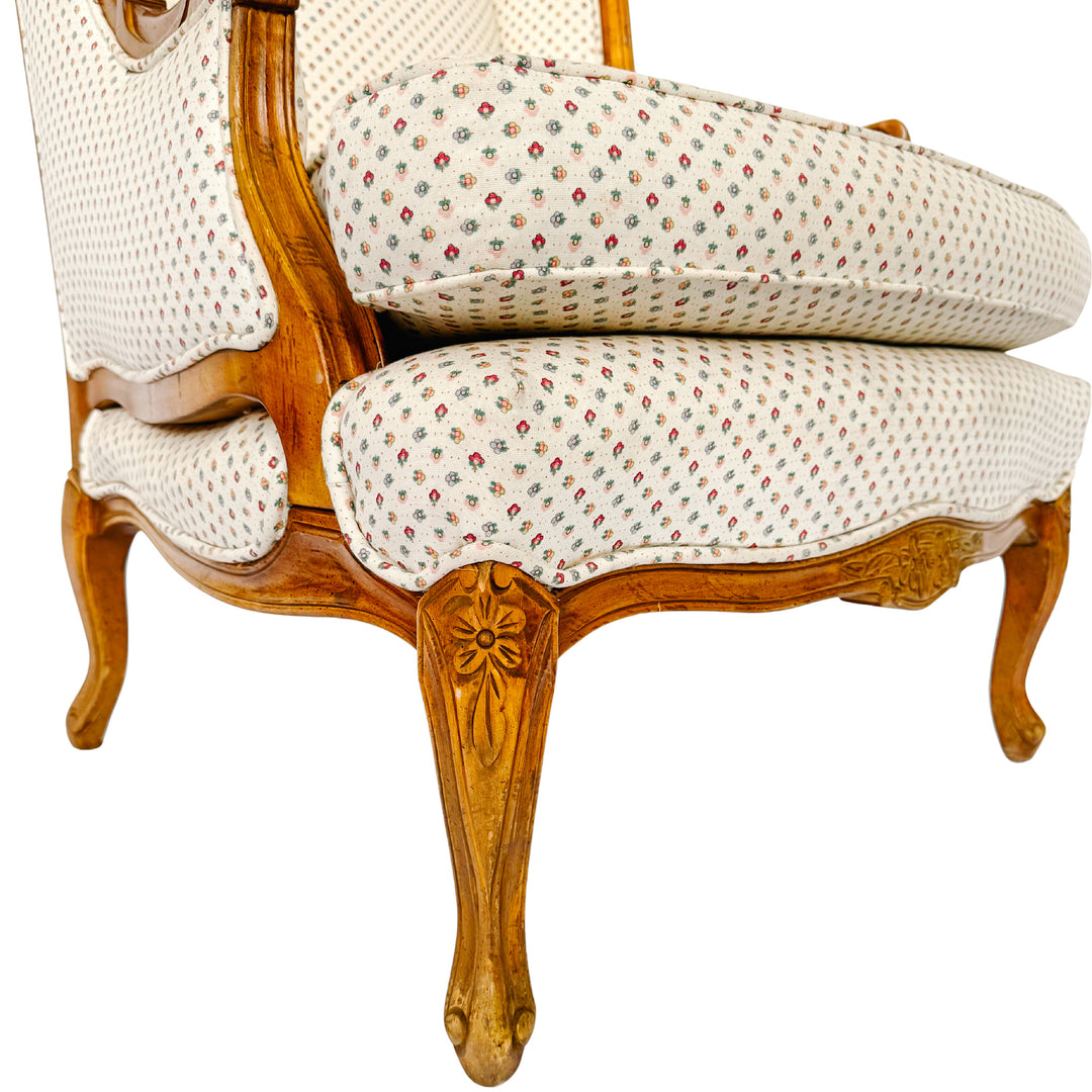 French Provincial Louis XV Bergere Armchair With Carved Wood Frame & Petite Floral Upholstery