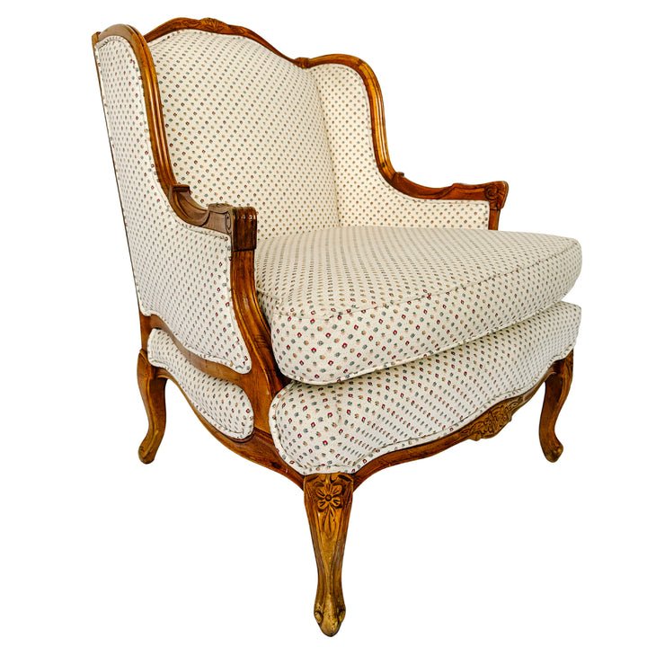 French Provincial Louis XV Bergere Armchair With Carved Wood Frame & Petite Floral Upholstery