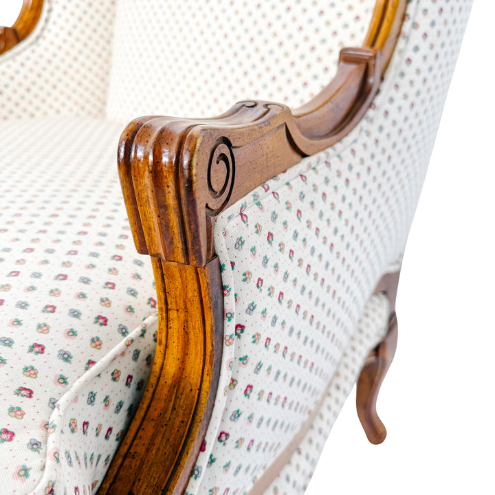 French Provincial Louis XV Bergere Armchair With Carved Wood Frame & Petite Floral Upholstery