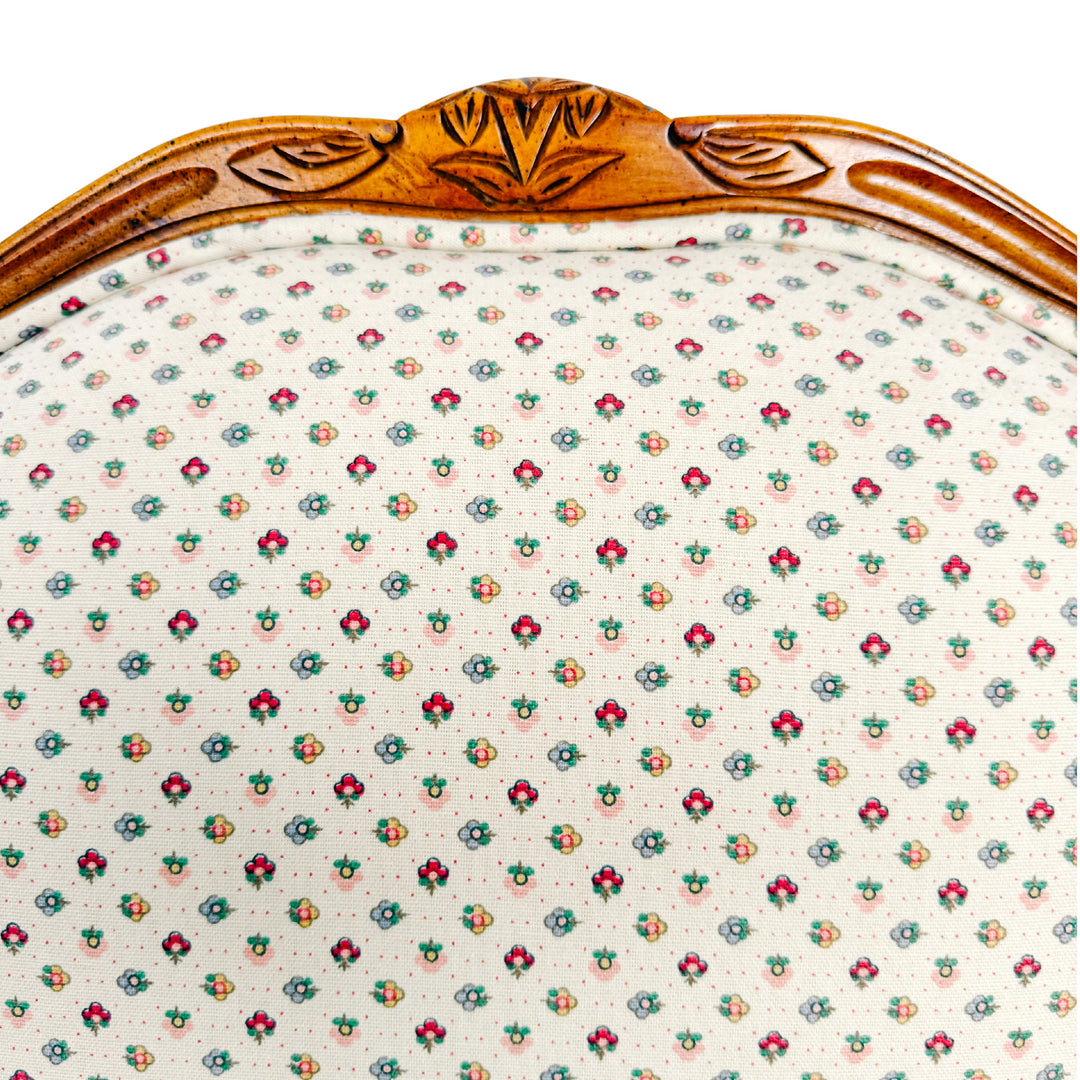 French Provincial Louis XV Bergere Armchair With Carved Wood Frame & Petite Floral Upholstery