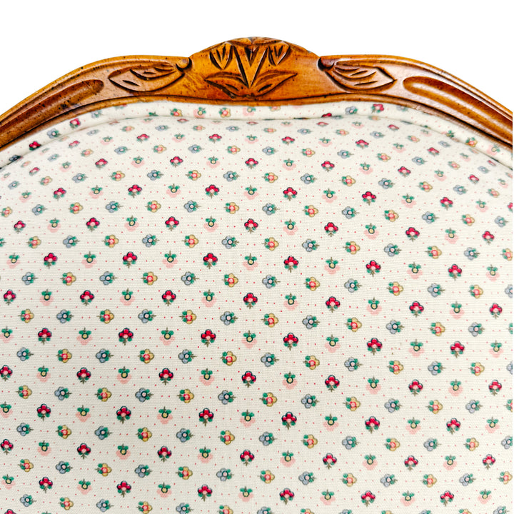 French Provincial Louis XV Bergere Armchair With Carved Wood Frame & Petite Floral Upholstery