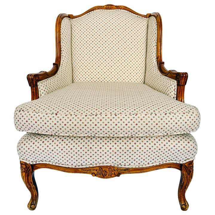 French Provincial Louis XV Bergere Armchair With Carved Wood Frame & Petite Floral Upholstery