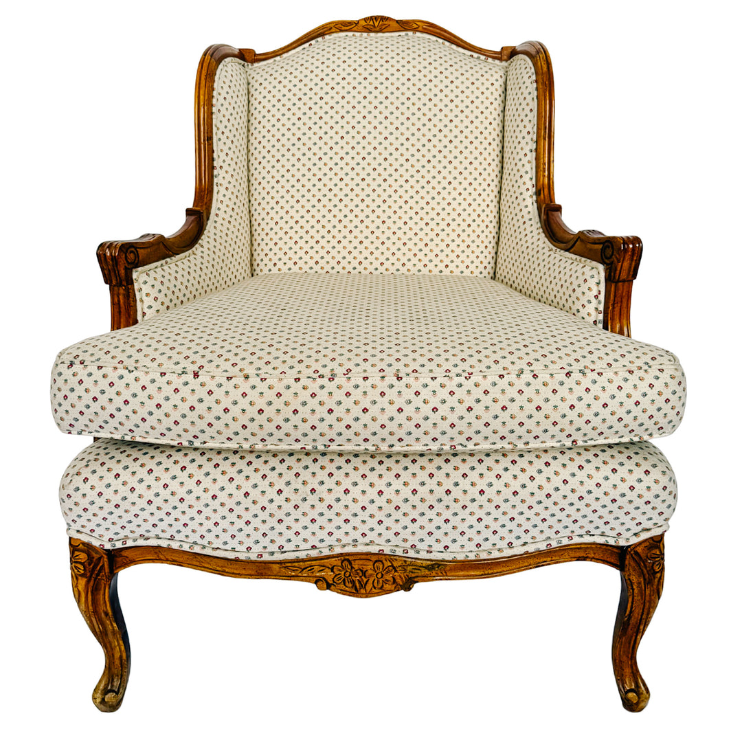 French Provincial Louis XV Bergere Armchair With Carved Wood Frame & Petite Floral Upholstery