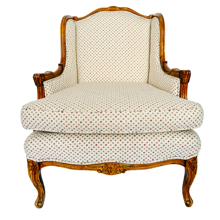 French Provincial Louis XV Bergere Armchair With Carved Wood Frame & Petite Floral Upholstery