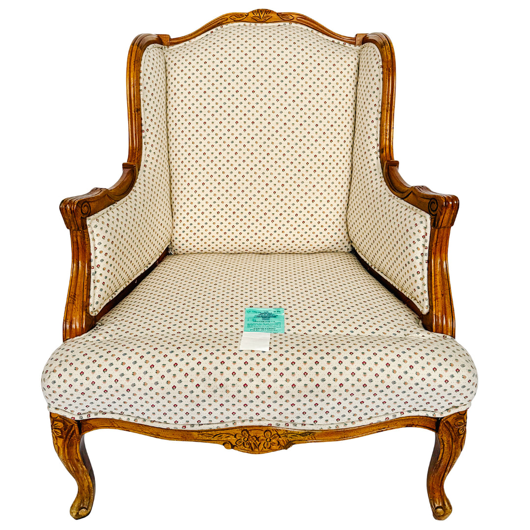 French Provincial Louis XV Bergere Armchair With Carved Wood Frame & Petite Floral Upholstery