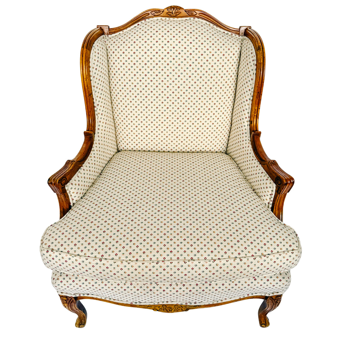 French Provincial Louis XV Bergere Armchair With Carved Wood Frame & Petite Floral Upholstery