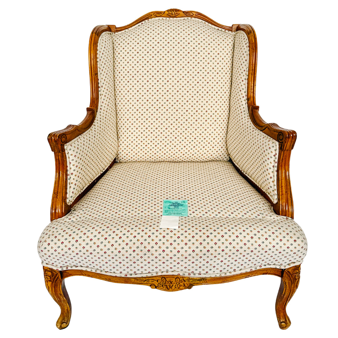 French Provincial Louis XV Bergere Armchair With Carved Wood Frame & Petite Floral Upholstery