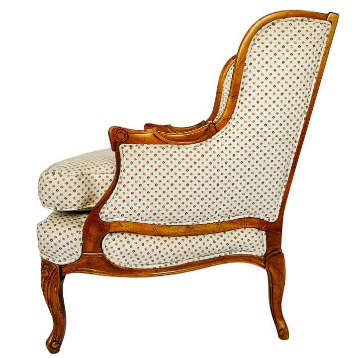 French Provincial Louis XV Bergere Armchair With Carved Wood Frame & Petite Floral Upholstery