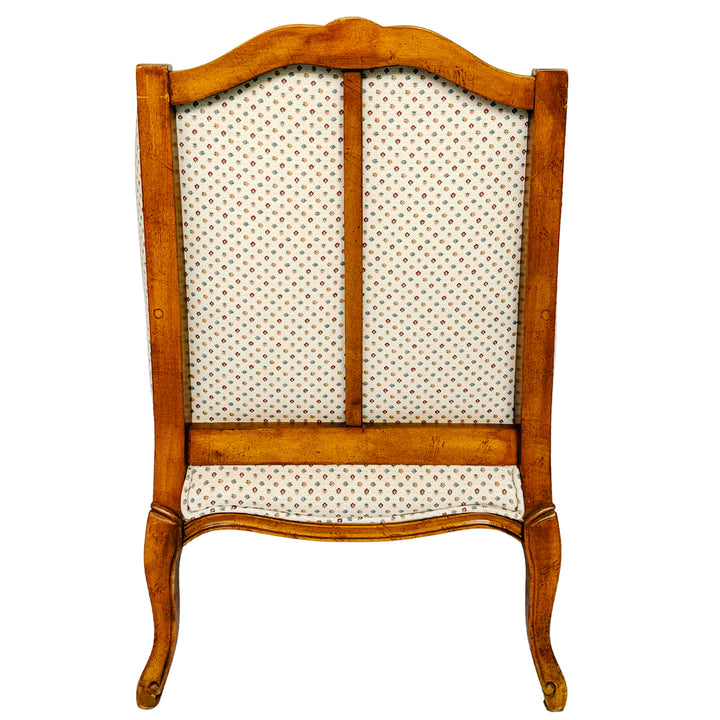 French Provincial Louis XV Bergere Armchair With Carved Wood Frame & Petite Floral Upholstery