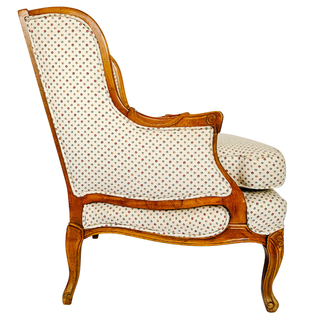 French Provincial Louis XV Bergere Armchair With Carved Wood Frame & Petite Floral Upholstery