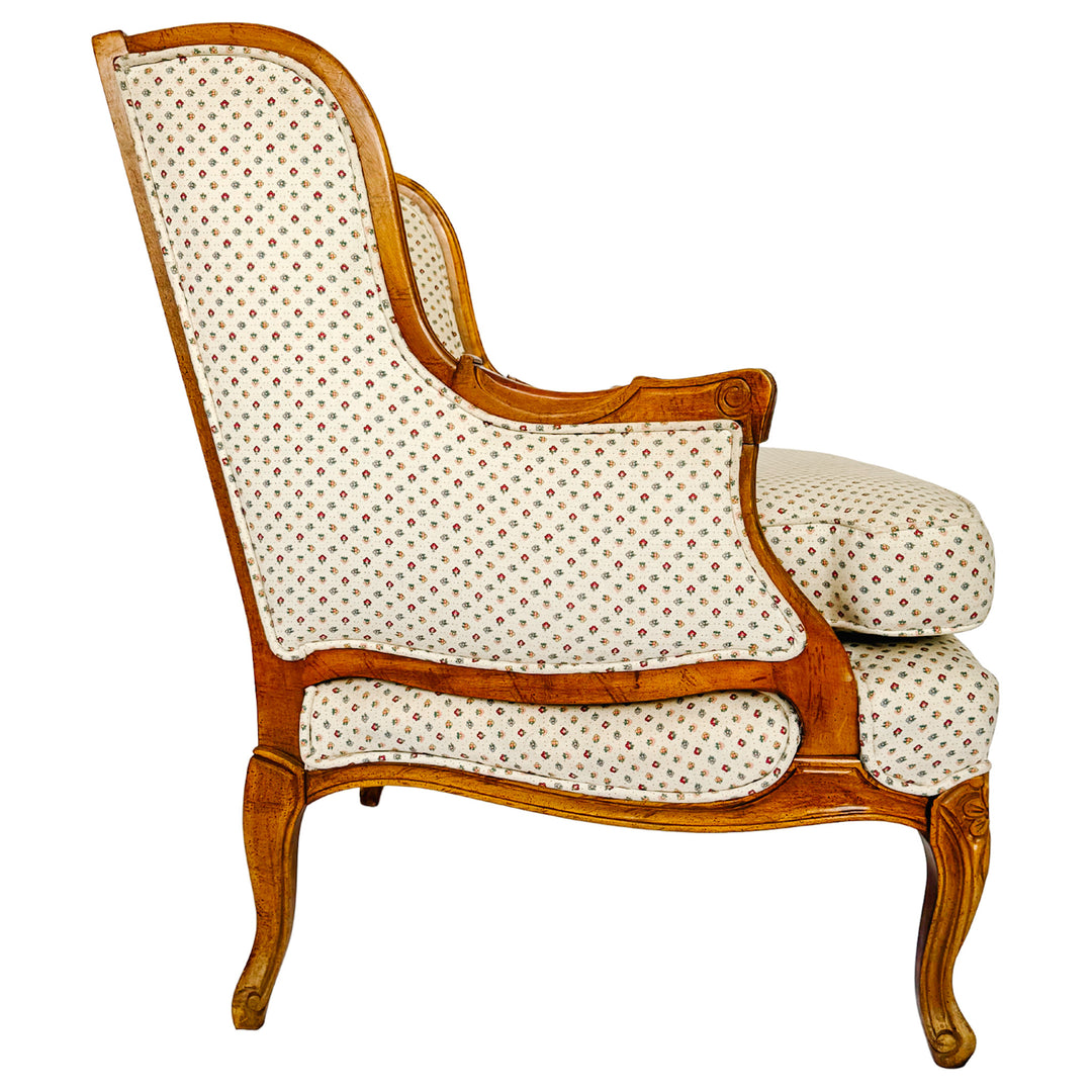 French Provincial Louis XV Bergere Armchair With Carved Wood Frame & Petite Floral Upholstery